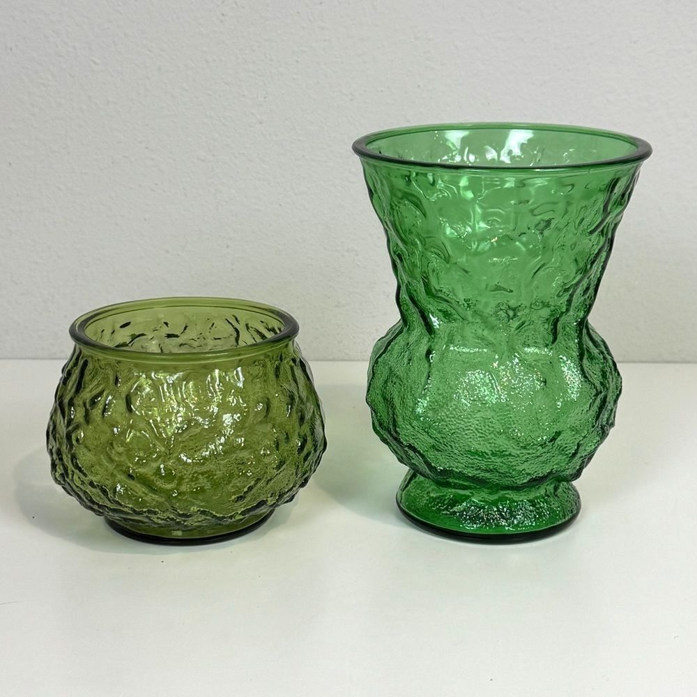 2 Vintage E.O. Brody Green Crinkle Glass Vases Mid-Century